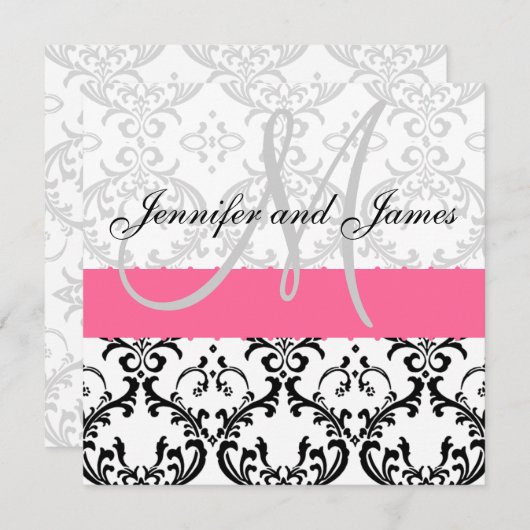 ダマスクウエディング招待状モノグラムピンク 招待状 (正面/裏面)