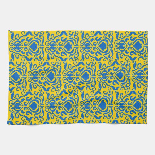 ダマスクウクライナ付勢力イエローフリーダムブルー キッチンタオル (横)