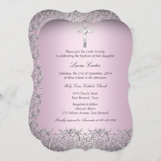 ダマスクエレガントとクロスピンクのバプテスマ/《キリスト教》洗礼式や命名式2 招待状 (正面/裏面)