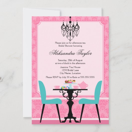 ダマスクエレガントとシャンデリアピンクアクアティーパーティー 招待状 (正面)