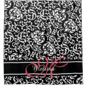 ダマスクエレガントの名前とモノグラムブラック、ピンクの白 シャワーカーテン (正面)