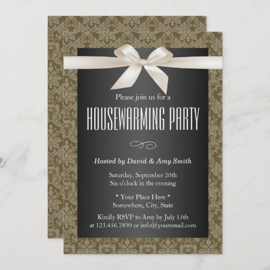 ダマスクエレガントアイボリーリボン引っ越し祝いパーティーパーティー 招待状 (正面/裏面)