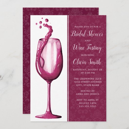 ダマスクエレガントウォーターカラーワイングラスブライダルシャワー 招待状 (正面/裏面)