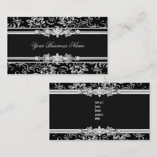 ダマスクエレガントシルバーブラック宝石ルックイメージ 名刺 (正面/裏面)