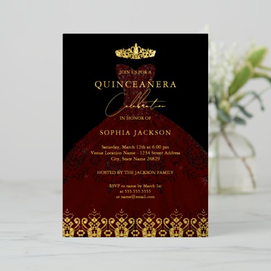 ダマスクエレガントティアラレッド金ゴールドキンセアニェラ 箔招待状 (立ち正面)