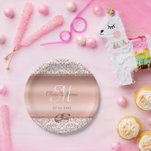 ダマスクエレガントバラ金ゴールドモノグラム結婚ズ ペーパープレート (パーティー)