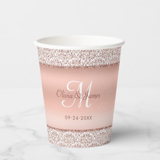ダマスクエレガントバラ金ゴールドモノグラム結婚ズ 紙コップ (正面)