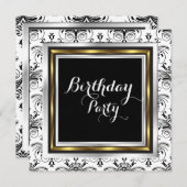 ダマスクエレガントバースデーパーティー金ゴールド白黒 招待状 (正面/裏面)