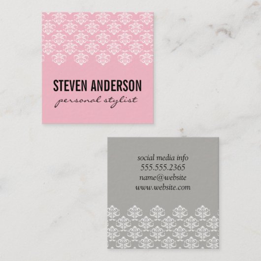 ダマスクエレガントパターン/ピンク スクエア名刺 (正面/裏面)