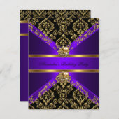 ダマスクエレガントパープル金ゴールドブラック誕生日 招待状 (正面/裏面)