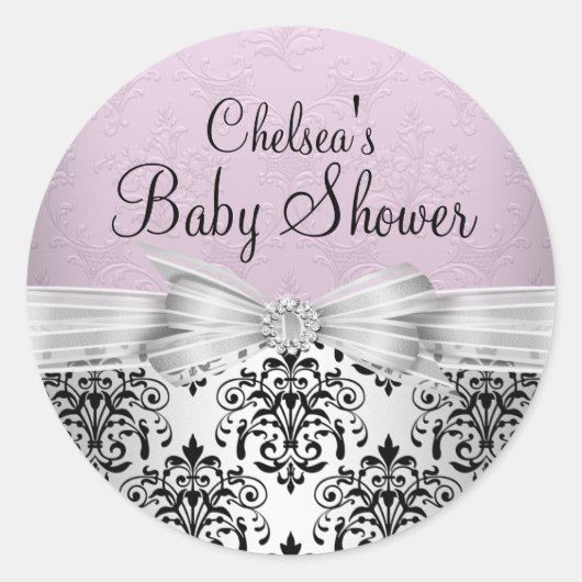 ダマスクエレガントピンク赤ちゃんシャワーシール ラウンドシール (正面)