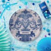 ダマスクエレガントブルートワールデジュウモノグラム ペーパープレート (パーティー)