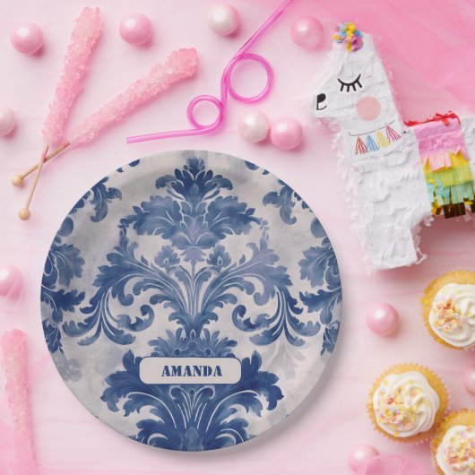 ダマスクエレガントブルートワールデジュウモノグラム ペーパープレート (パーティー)