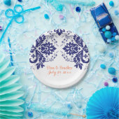 ダマスクエレガントモチーフネイビーブルー結婚コーラル ペーパープレート (パーティー)