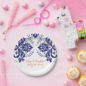 ダマスクエレガントモチーフネイビーブルー結婚コーラル ペーパープレート (パーティー)