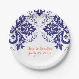 ダマスクエレガントモチーフネイビーブルー結婚コーラル ペーパープレート