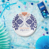 ダマスクエレガントモチーフネイビーブルー結婚コーラル ペーパープレート (パーティー)