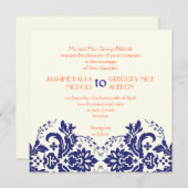 ダマスクエレガントモチーフネイビーブルー結婚コーラル 招待状 (正面/裏面)