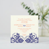 ダマスクエレガントモチーフネイビーブルー結婚コーラル 招待状 (スタンド正面)