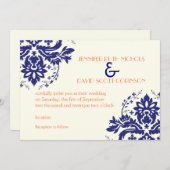 ダマスクエレガントモチーフネイビーブルー結婚コーラル 招待状 (正面/裏面)