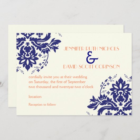 ダマスクエレガントモチーフネイビーブルー結婚コーラル 招待状 (正面/裏面)
