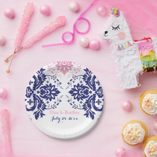 ダマスクエレガントモチーフネイビーブルー結婚ピンク ペーパープレート (パーティー)