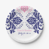 ダマスクエレガントモチーフネイビーブルー結婚ピンク ペーパープレート (正面)