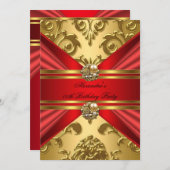 ダマスクエレガントリーガルレッド金ゴールドフローラ誕生日2 招待状 (正面/裏面)