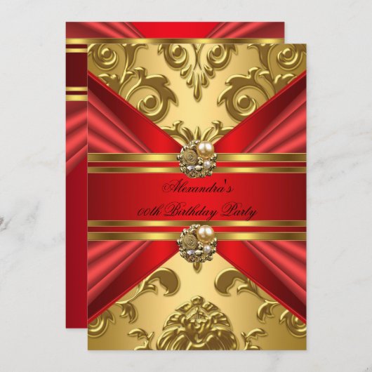 ダマスクエレガントリーガルレッド金ゴールドフローラ誕生日2 招待状 (正面/裏面)