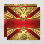 ダマスクエレガントリーガルレッド金ゴールドフローラ誕生日5 招待状 (正面/裏面)