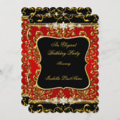 ダマスクエレガントレッドブラック金ゴールド誕生日パーティー 招待状 (正面/裏面)