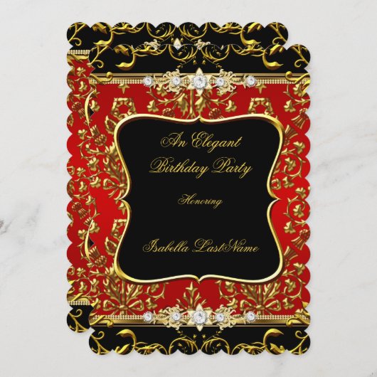 ダマスクエレガントレッドブラック金ゴールド誕生日パーティー 招待状 (正面/裏面)