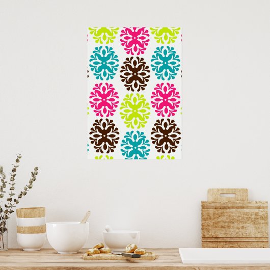 ダマスクカラフルフローラかわいいネオン花柄 ポスター (キッチン)