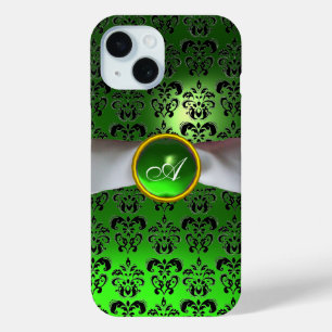 ダマスクガーリーモノグラム緑リボン iPhone 15ケース