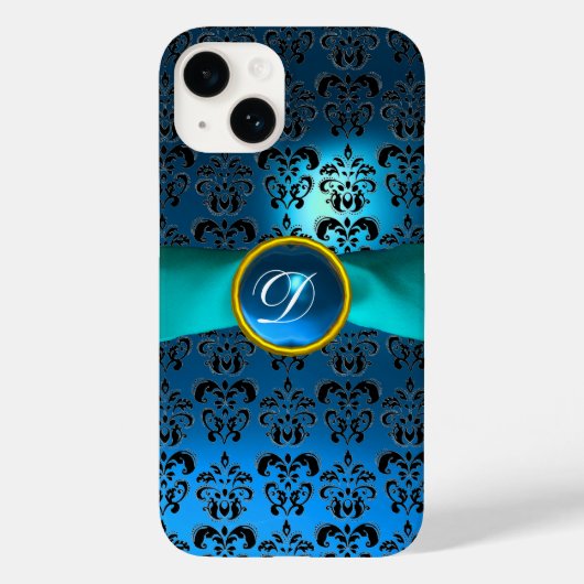 ダマスクガーリーモノグラム青リボン Case-Mate iPhoneケース (裏面)