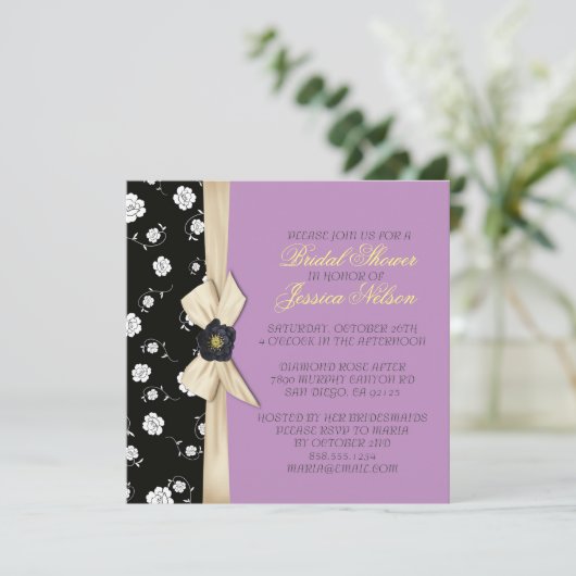 ダマスククエレガントリームリボンパープルブライダルシャワー 招待状 (スタンド正面)