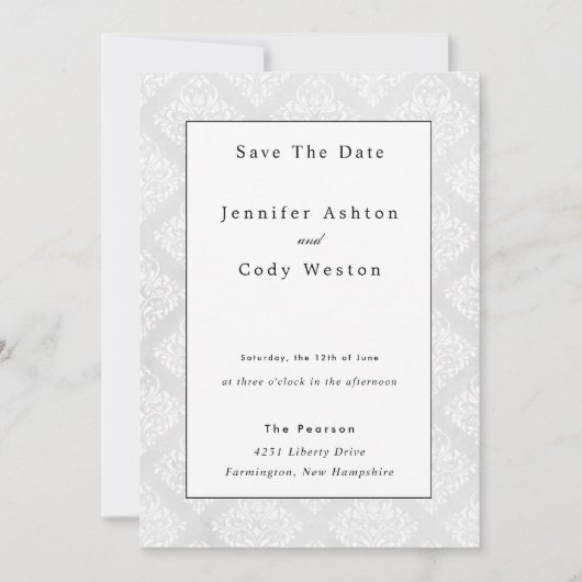 ダマスククラシックホワイトエレガントウェディング招待状 セーブザデート (正面)