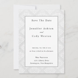 ダマスククラシックホワイトエレガントウェディング招待状 セーブザデート