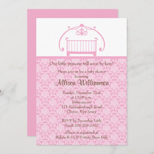 ダマスククリブガールベビーシャワー招待状 招待状 (正面/裏面)