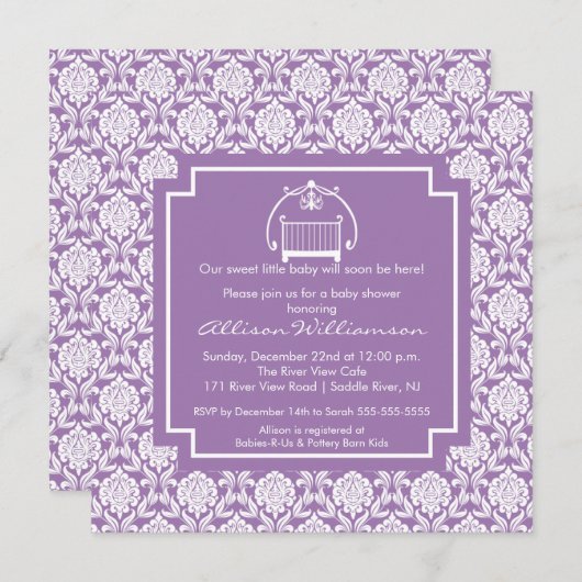 ダマスククリブベビーガールベビーシャワー招待状 招待状 (正面/裏面)