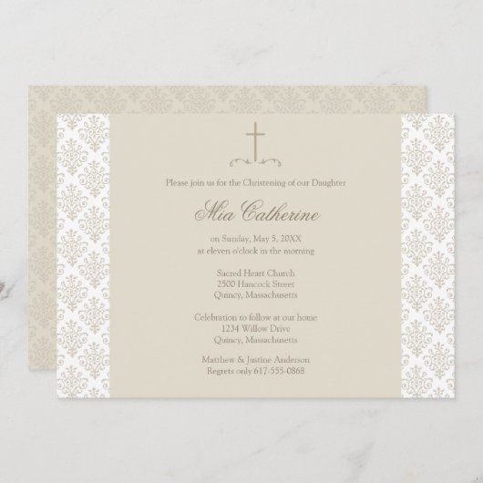 ダマスククリームクロス《キリスト教》洗礼式や命名式/バプテスマ 招待状 (正面/裏面)