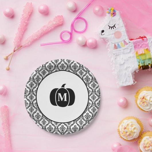 ダマスクグラムモノグラムハロウィーンパンプキン ペーパープレート (パーティー)