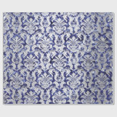 ダマスクグリッターブルーネイビーシルバーグレイ王室のコテージ ラッピングペーパー (フラット)