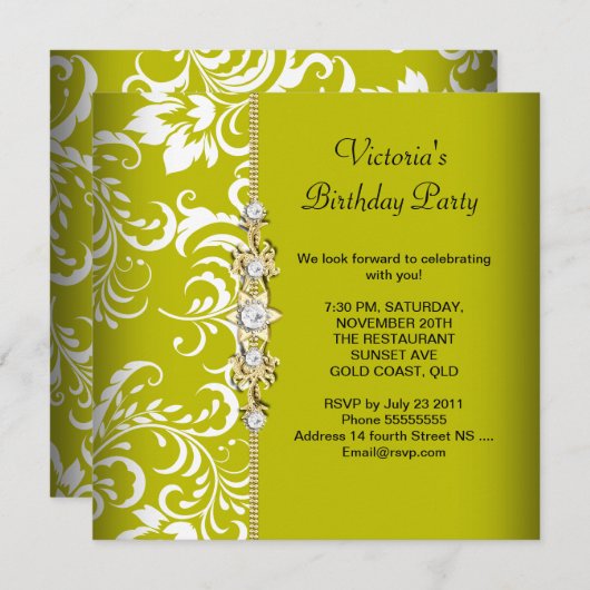 ダマスクグリーンアボカドホワイトバースデーパーティー金ゴールド 招待状 (正面/裏面)