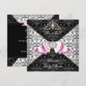 ダマスクグレイのベビーシャワーガール ブラック ピンク プリンセス 招待状 (正面/裏面)