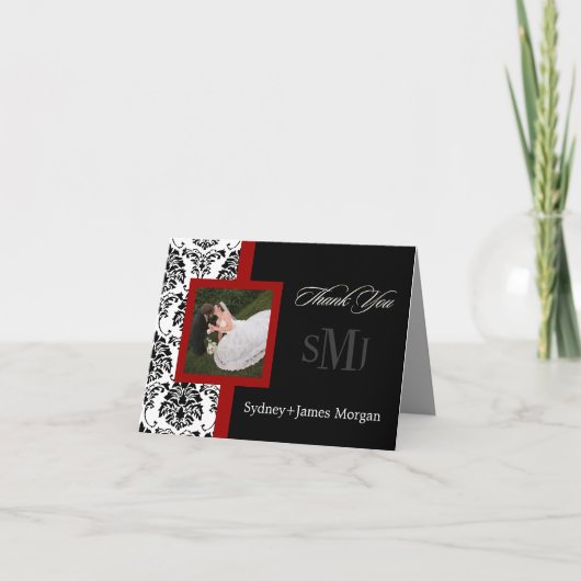 ダマスクサンキューカード、結婚写真+モノグラム サンキューカード (正面)