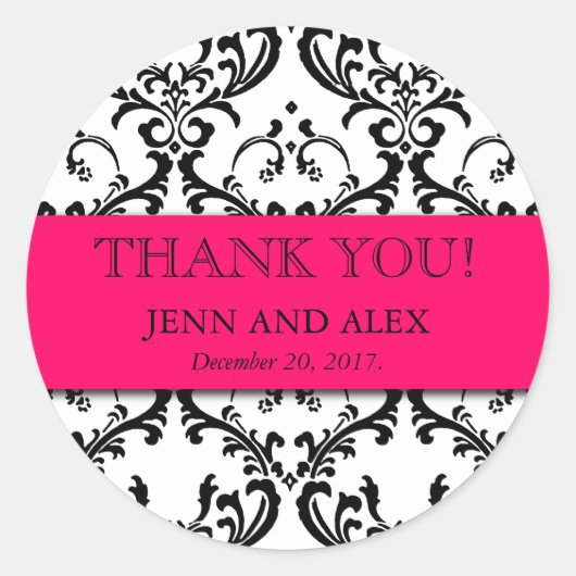 ダマスクサンキュー結婚式用シールはホットピンクを支持 ラウンドシール (正面)