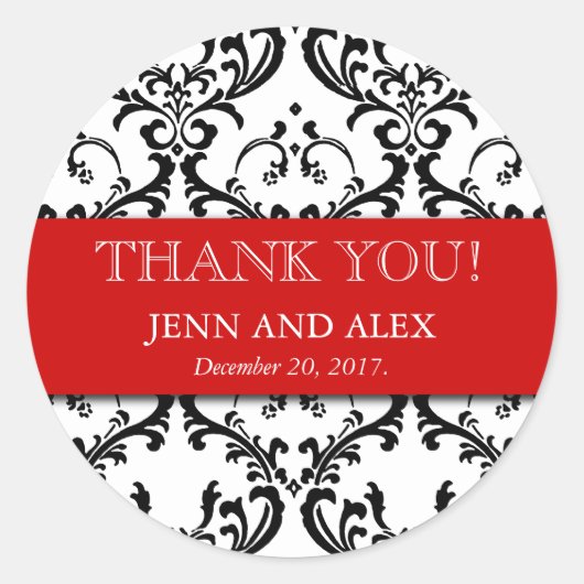 ダマスクサンキュー結婚式用シールは赤を支持 ラウンドシール (正面)