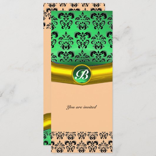 ダマスクジェムストーンモノグラムグリーン 招待状 (正面/裏面)
