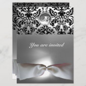 ダマスクジェムストーンモノグラムホワイトリボングレーブラック 招待状 (正面/裏面)